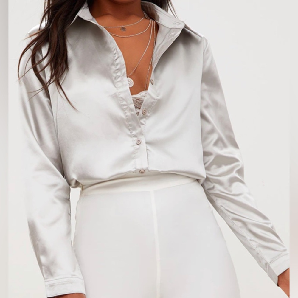 Pretty Little Thing Grey Satin Button Front Shirt
